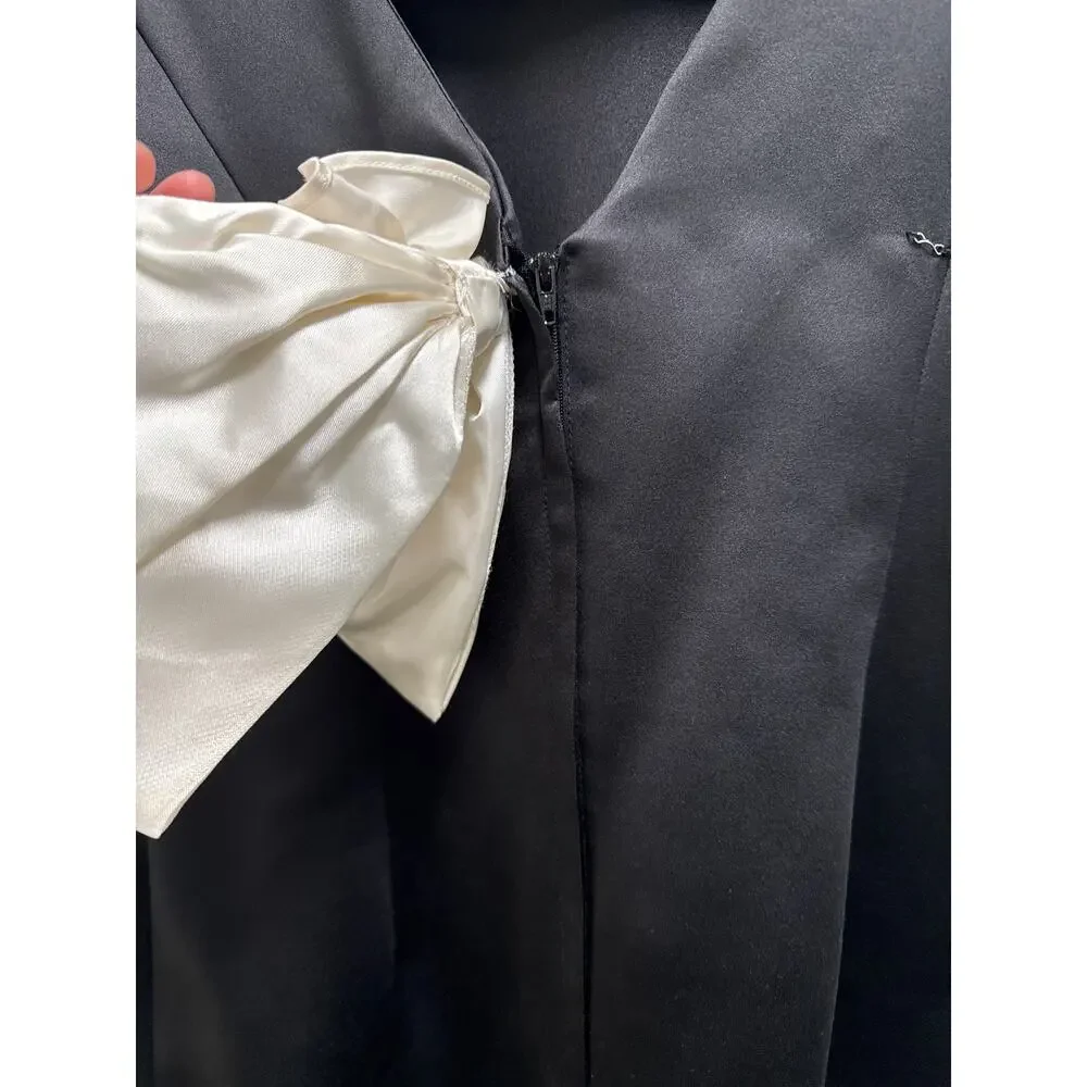 Vintage 80s Gunne Sax Black Maxi Revenge Dress White Bow V-Back Size 10 - Picture 8 of 10